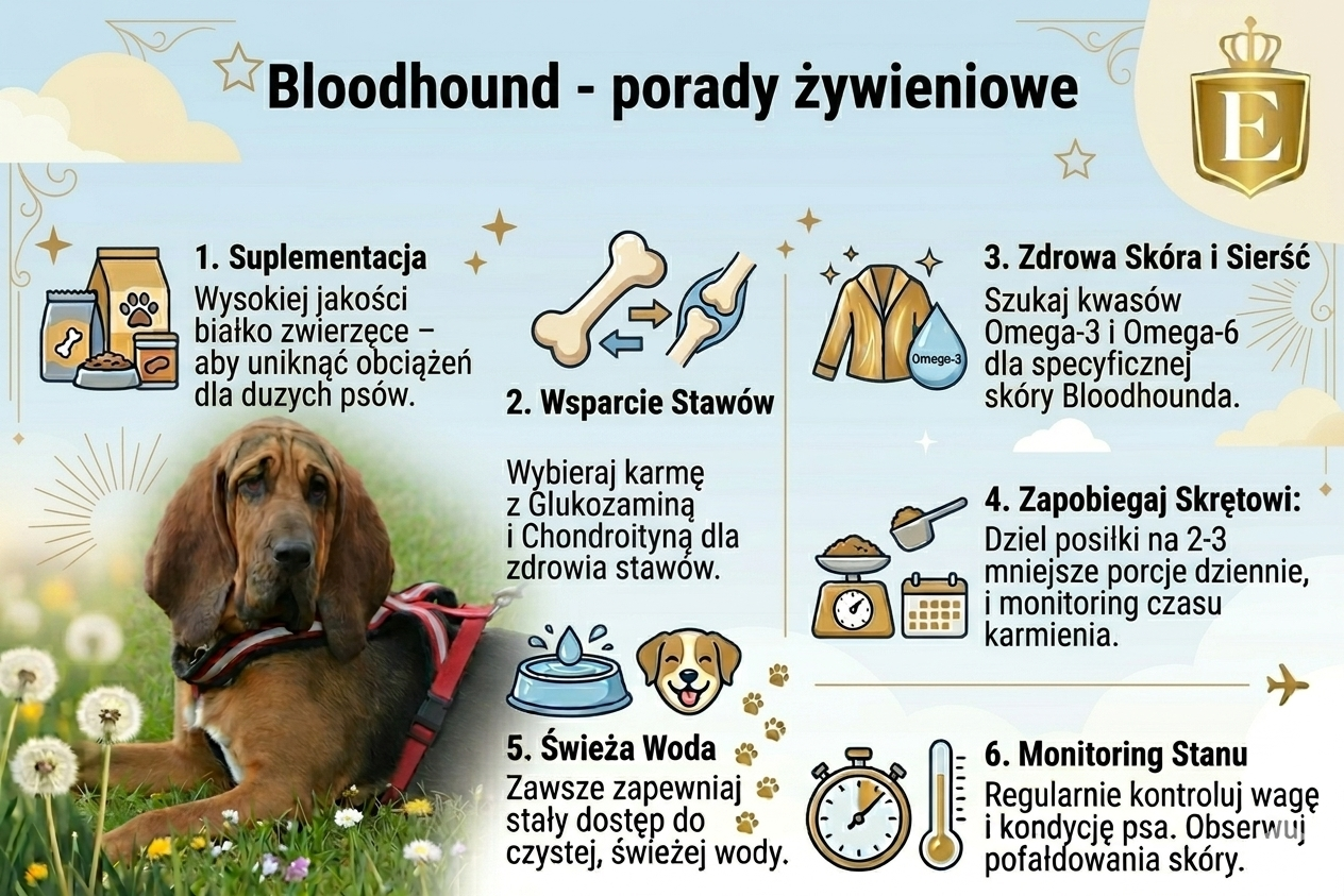 Infografika Bloodhound porady żywieniowe dieta psa tropiącego karma dla bloodhounda wsparcie stawów Omega 3 i kontrola wagi